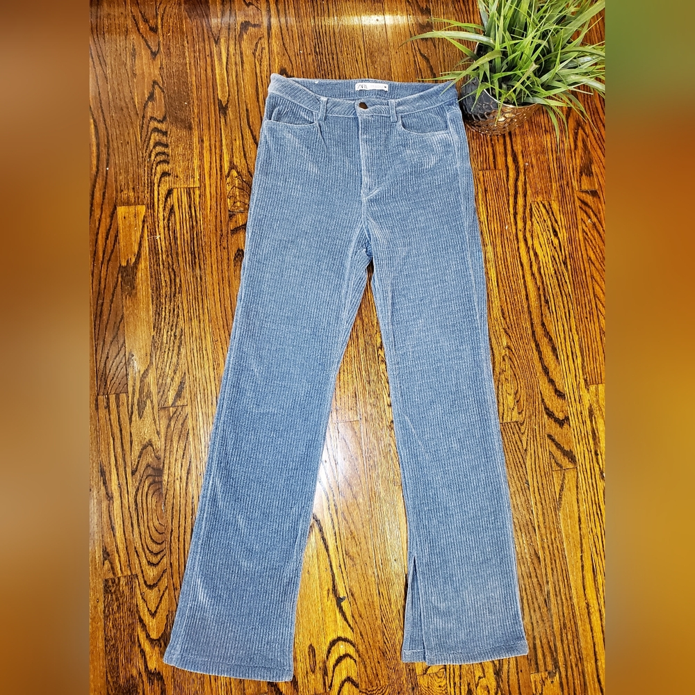 Zara Women's Slim Flare Corduroy Pants Dusty Blue High Rise Classic Preppy Sz 8 - Picture 2 of 10